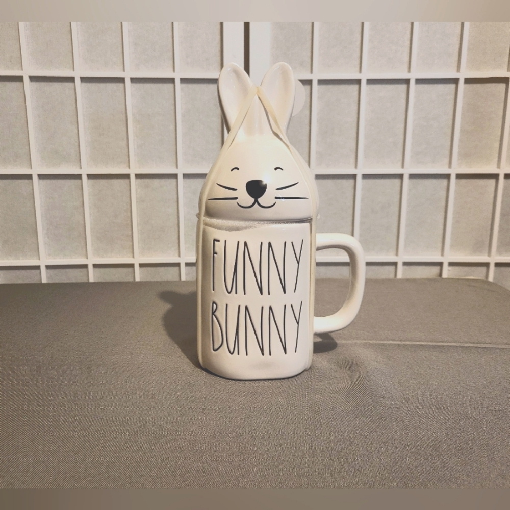 Rae Dunn Artisan Collection "FUNNY BUNNY" Mug with Bunny Ears Topper